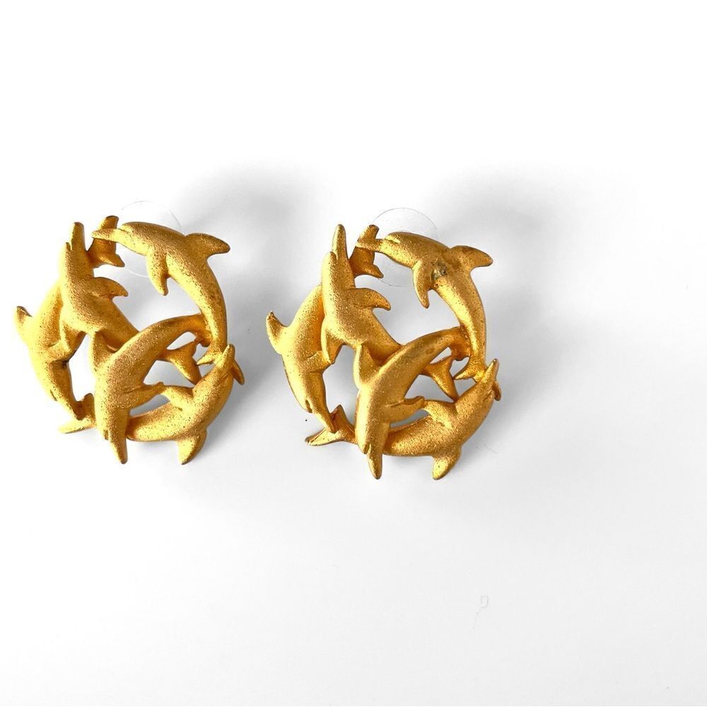 Vintage ACT V Matte Gold Dolphin Earrings